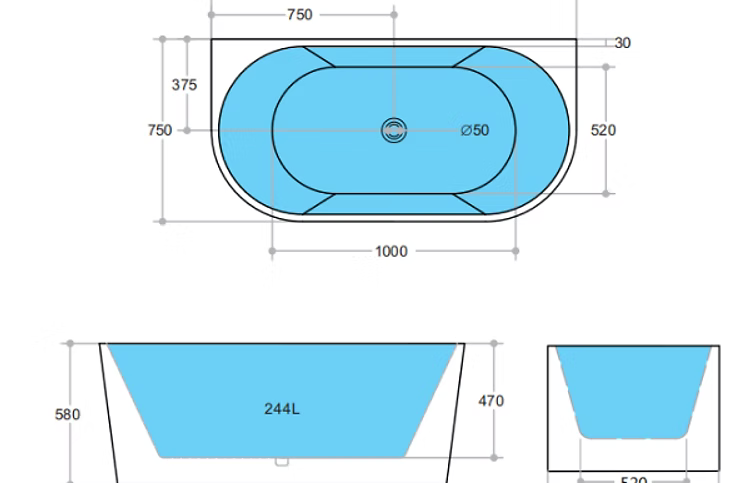 ND-BT0008 Elivia Back to Wall Bathtub Gloss White - 1500x750x580mm