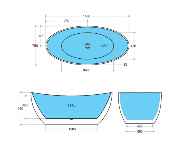 ND-BT0017 Evie Freestanding Bathtub Gloss White - 1500x750x690mm