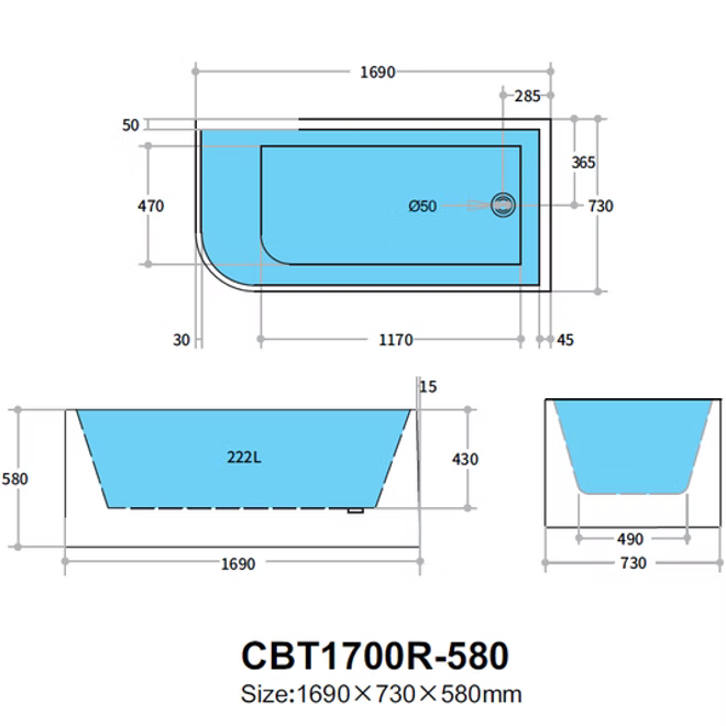 ND-BT0006 Corner Freestanding Bathtub Right Corner Back to Wall Gloss White - 1700 x 730 x 580mm