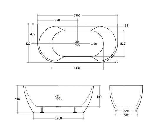 Back To Wall Bath 1700mm