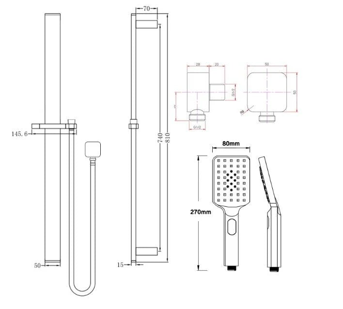 Square Chrome Sliding Shower Rail with 3 Mode Handheld Shower