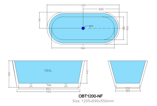 Ovia OBT1200NF Free Standing Bathtub NF 1200x710x550mm