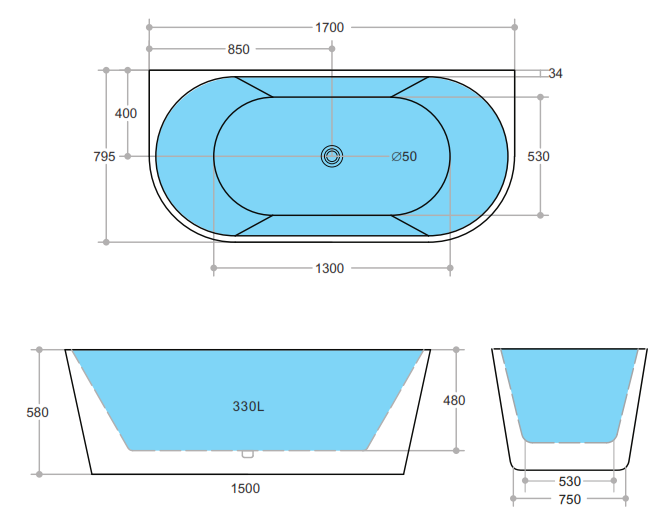 ND-BT0014 Elivia Back to Wall Bathtub Matt Black / Matt White - 1700x795x580mm