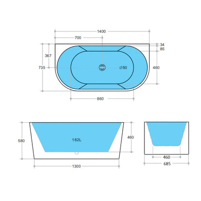 ND-BT0007 Elivia Back to Wall Bathtub Gloss White - 1400x735x580mm