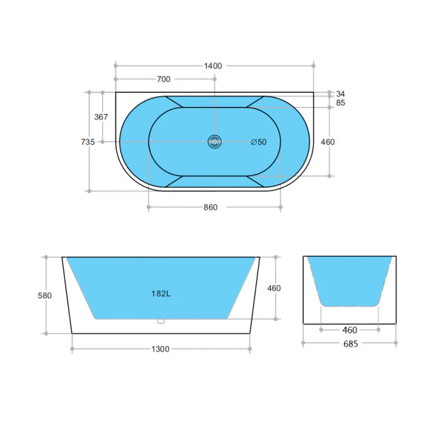 ND-BT0010 Elivia Back to Wall Bathtub Matt White - 1400x735x580mm