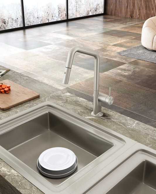 Navona Carysil Angle Brushed Nickel Pull Out Kitchen Mixer