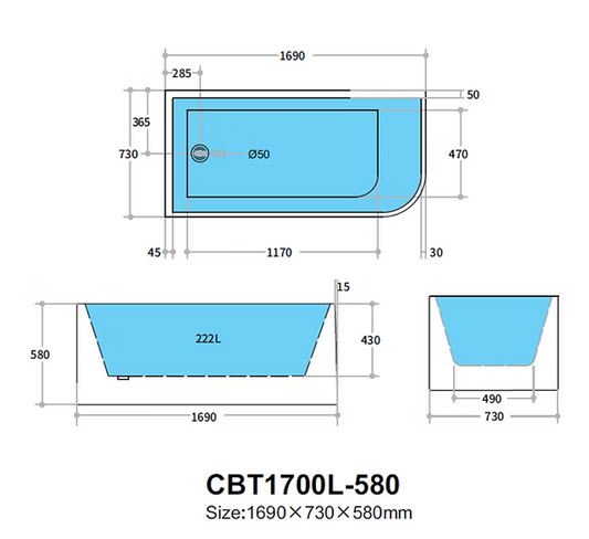 Corner Freestanding Bathtub Left Corner Back to Wall Gloss White
