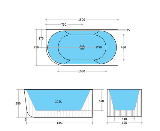 Fluted Oval Freestanding Right Corner Bath Matte Black