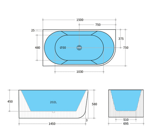 Fluted Oval Freestanding Left Corner Bath