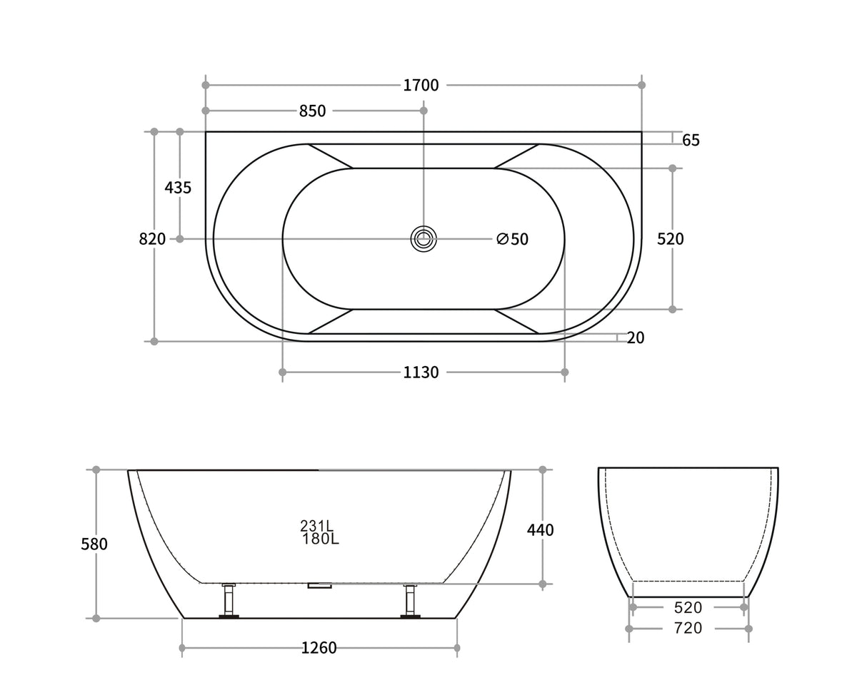 Back To Wall Bath 1700mm