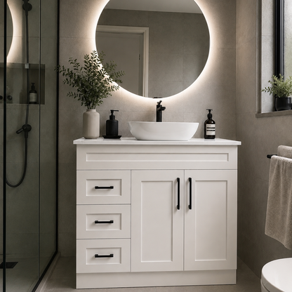Shaker 900mm Matte White PVC Waterproof Freestanding Vanity