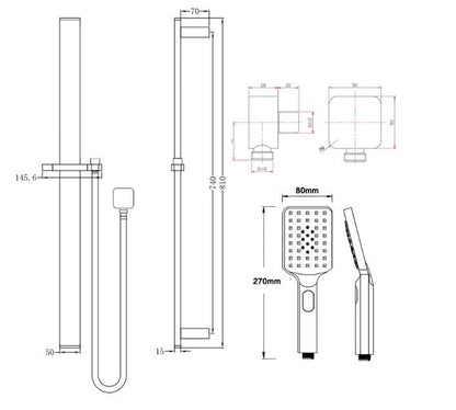 Square Chrome Sliding Shower Rail with 3 Mode Handheld Shower