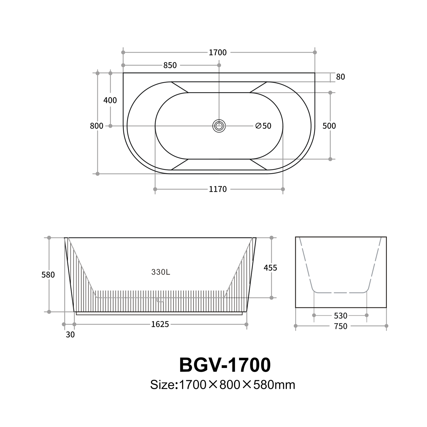 Black Fluted Freestanding Back to Wall Bathtub