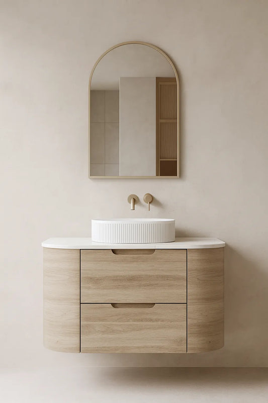 Oak Curved Vanity with soft closing drawers