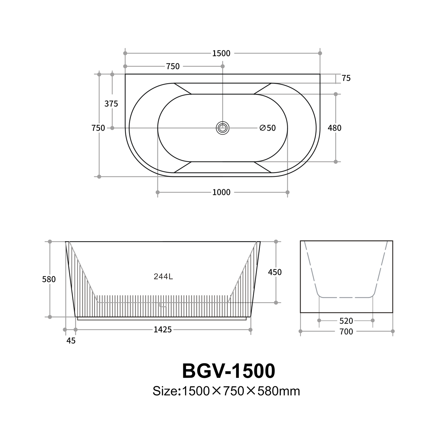 Black Fluted Freestanding Back to Wall Bathtub