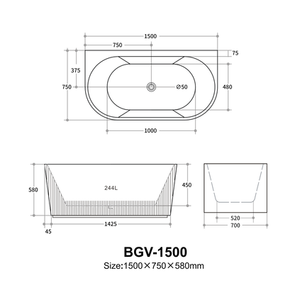 Black Fluted Freestanding Back to Wall Bathtub