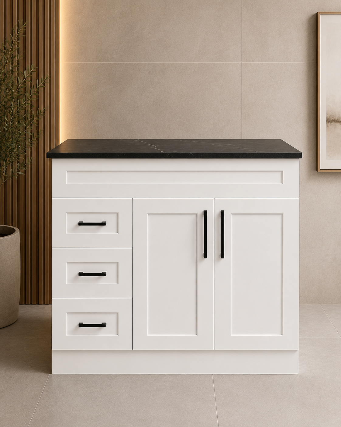Shaker 900mm Matte White PVC Waterproof Freestanding Vanity