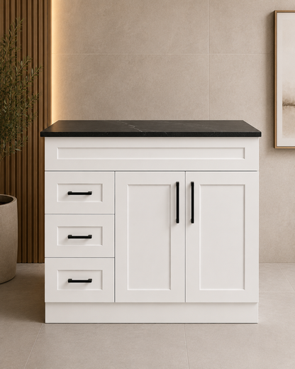 Shaker 900mm Matte White PVC Waterproof Freestanding Vanity