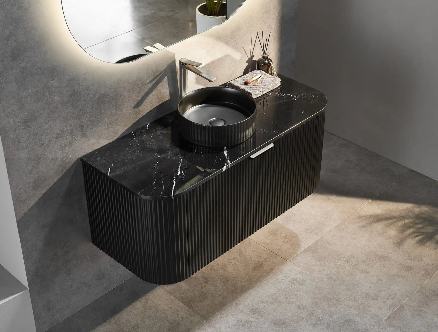 Black Fluted Curved Vanity with soft closing drawers