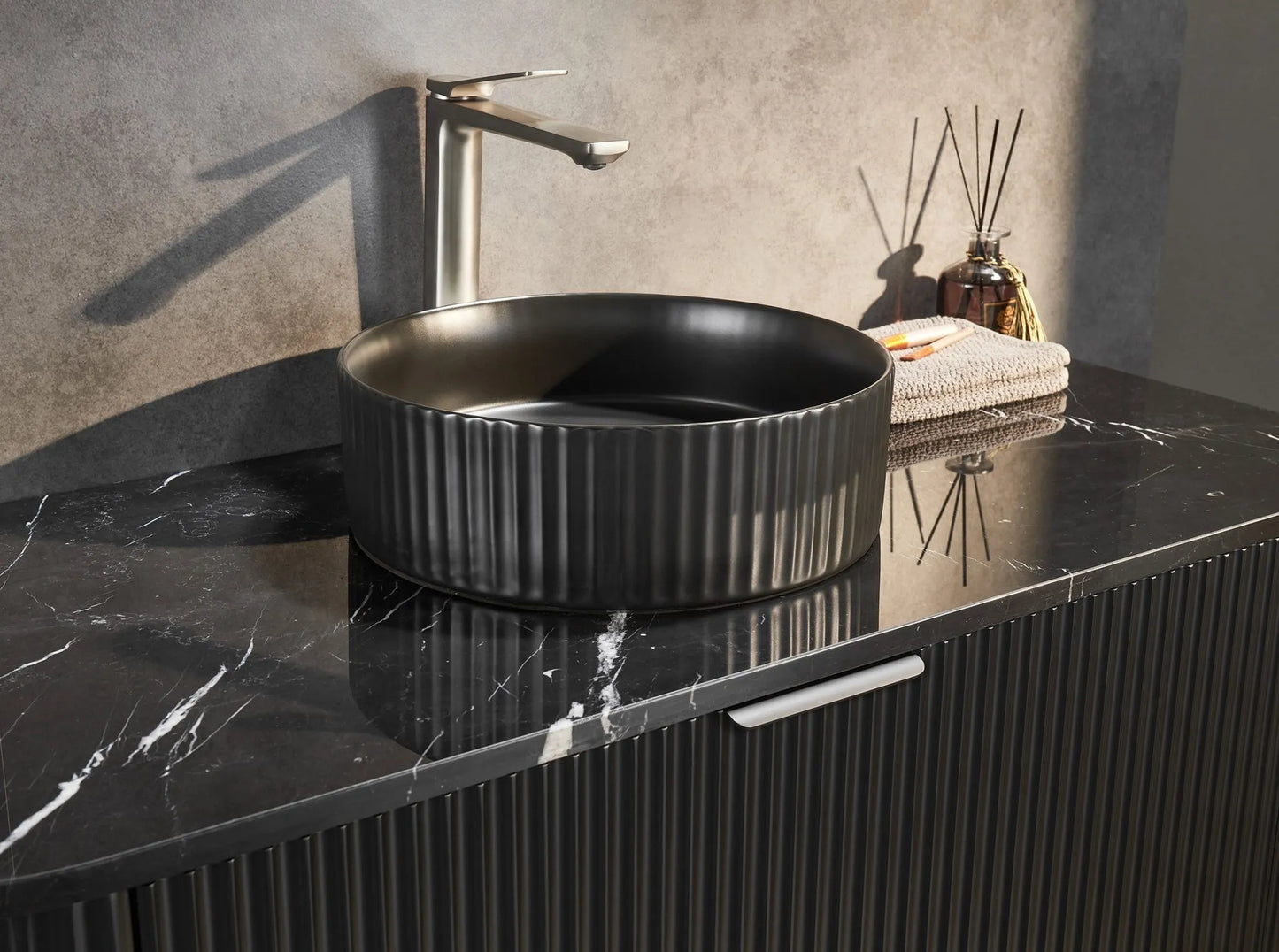 Black Fluted Curved Vanity with soft closing drawers