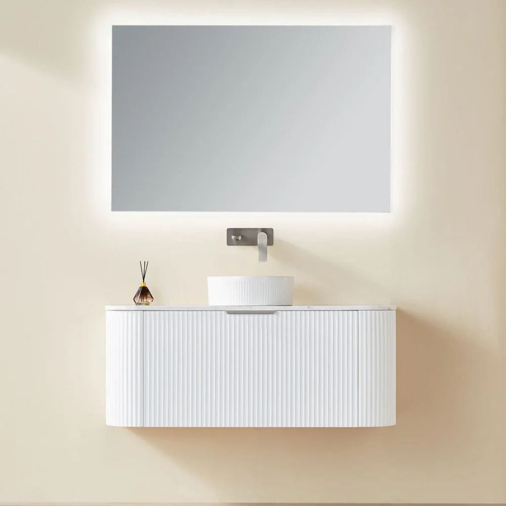 White Fluted Curved Vanity with soft closing drawers