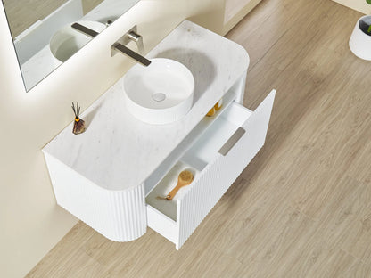 White Fluted Curved Vanity with soft closing drawers