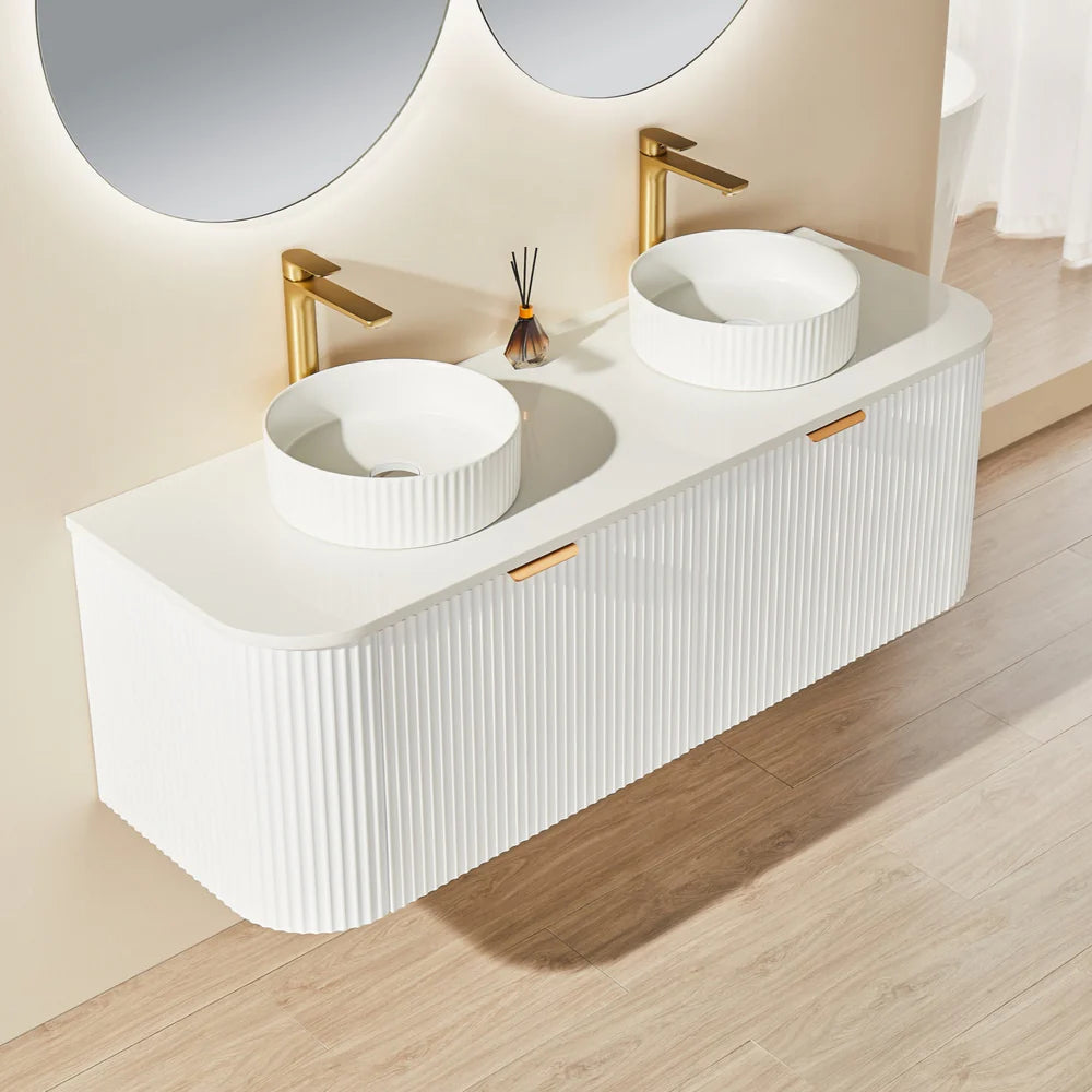 White Fluted Curved Vanity with soft closing drawers