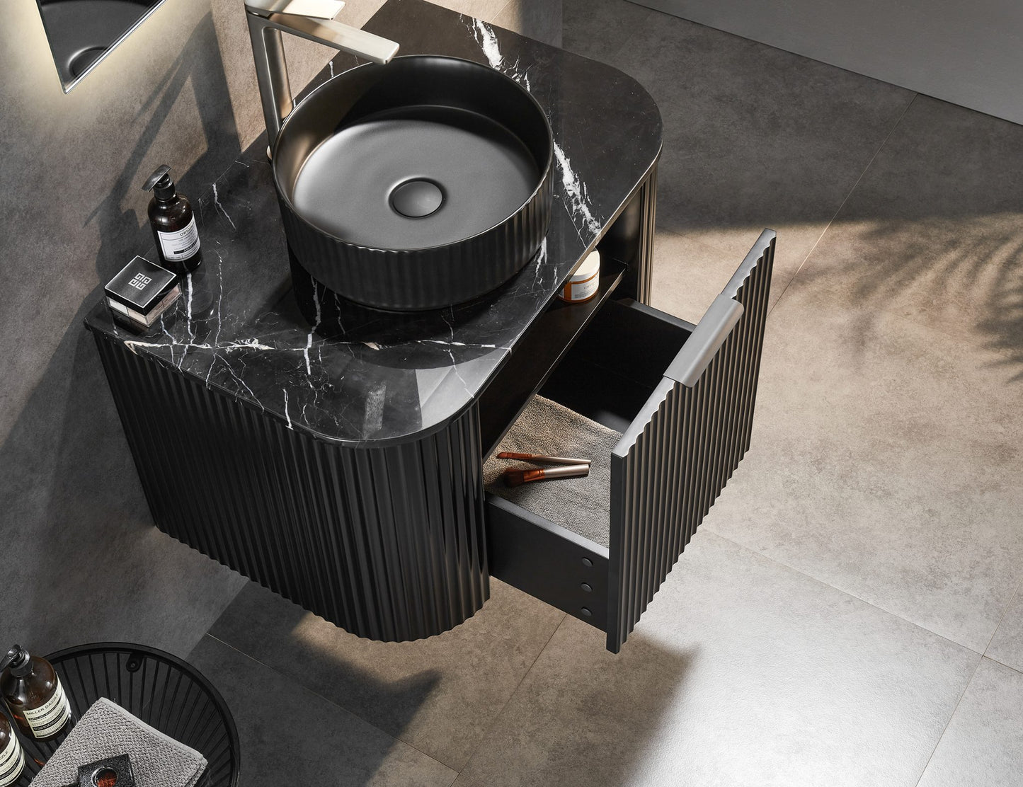 Black Fluted Curved Vanity with soft closing drawers