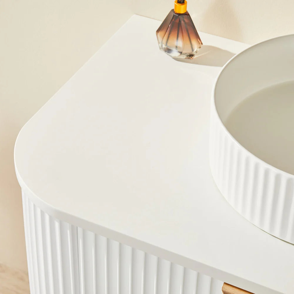 White Fluted Curved Vanity with soft closing drawers