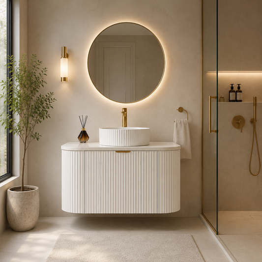 White Fluted Curved Vanity with soft closing drawers
