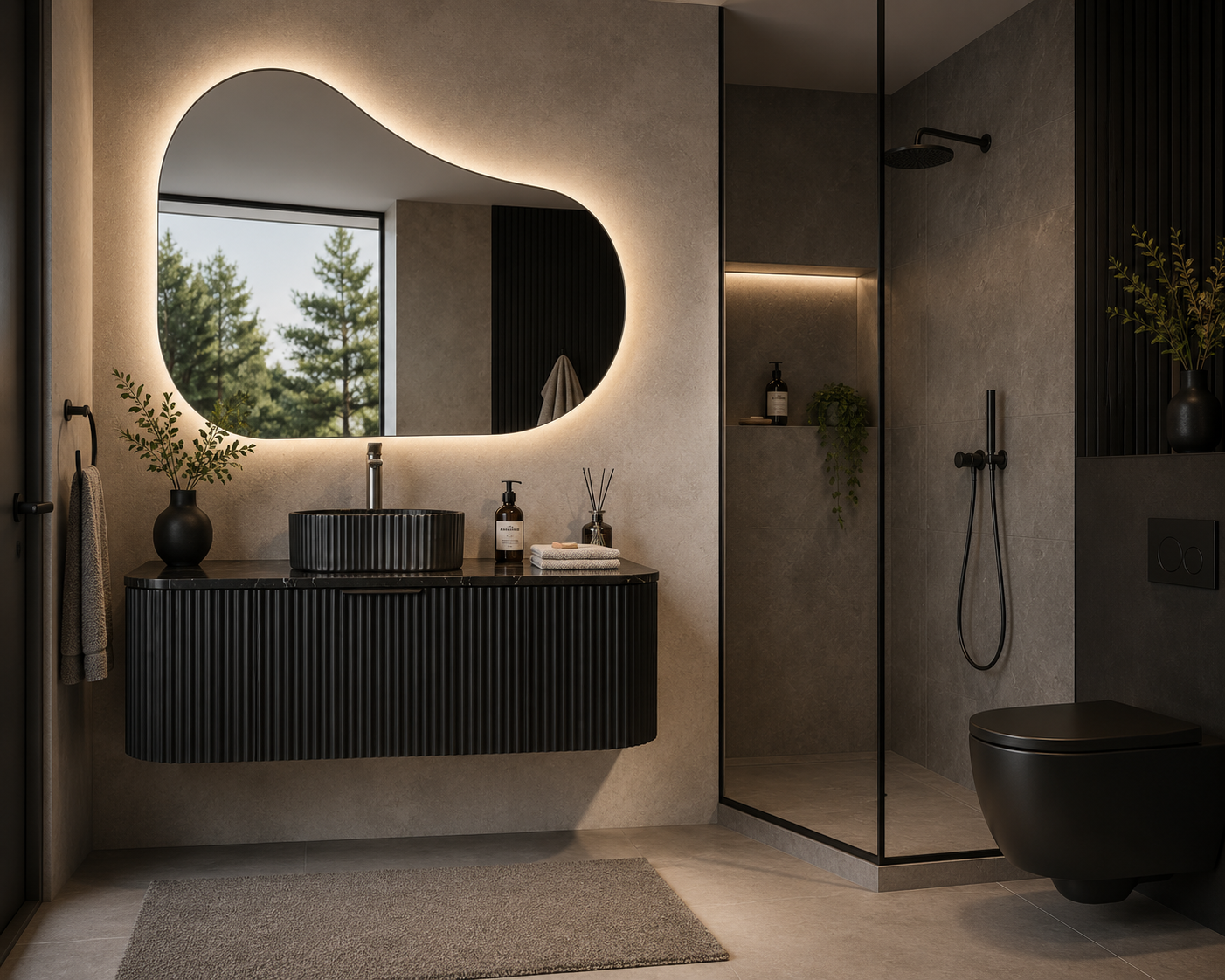 Black Fluted Curved Vanity with soft closing drawers