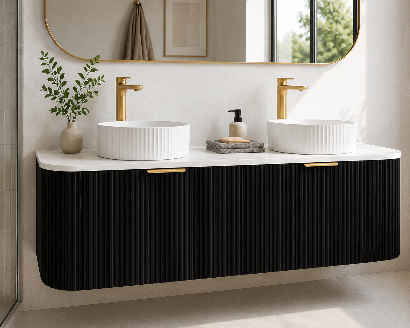 Black Fluted Curved Vanity with soft closing drawers