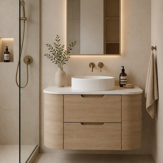 Oak Curved Vanity with soft closing drawers