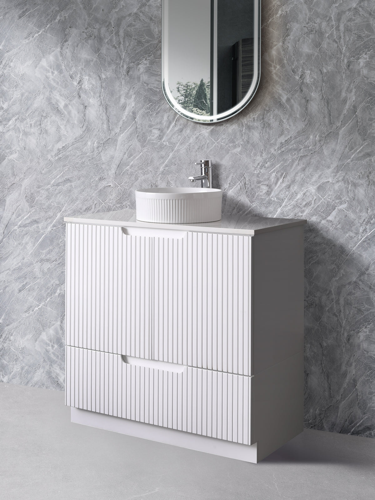 White Fluted Free Standing Vanity