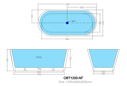 Ovia OBT1200NF Free Standing Bathtub NF 1200x710x550mm