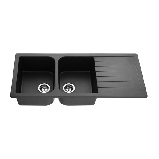 Black Granite Quartz Stone Double Bowl Kitchen Sink with Drainboard