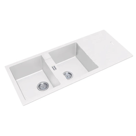 White Granite Quartz Stone Double Bowl Kitchen Sink with Drainboard