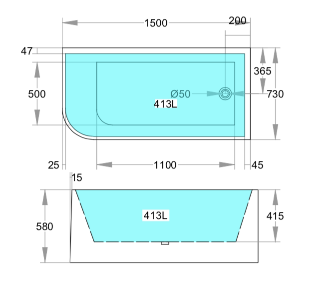 ND-BT0004 Corner Freestanding Bathtub Right Corner Back to Wall Gloss White - 1500 x 730 x 580mm