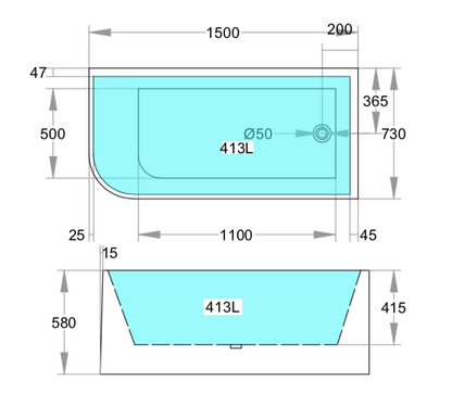 ND-BT0004 Corner Freestanding Bathtub Right Corner Back to Wall Gloss White - 1500 x 730 x 580mm